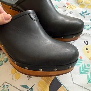 UGG Black Leather Mules with Wooden Heel